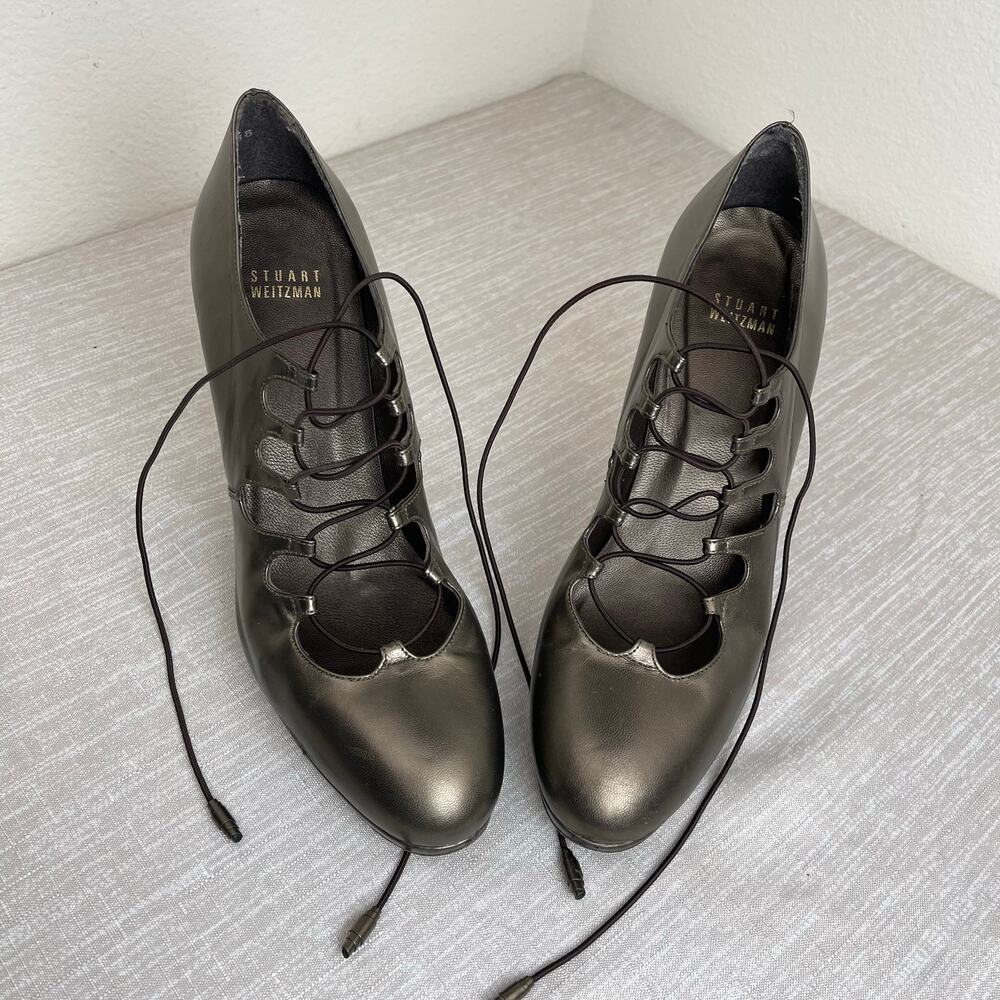 Stuart Weitzman Women Pewter Metallic Lace Up Cutout Heels Pumps Size 9
